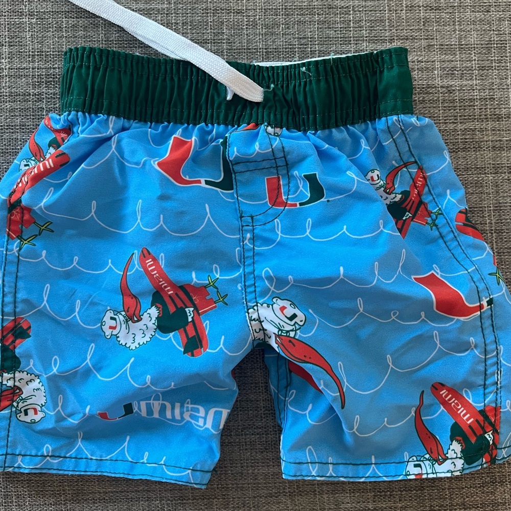 Kids Blue Llama Surf Swim Trunks with Green Waistband